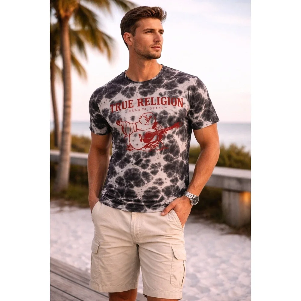 True Religion Mens Tie Dye Buddha Guitar Graphic T-Shirt Black White Red‎ Medium